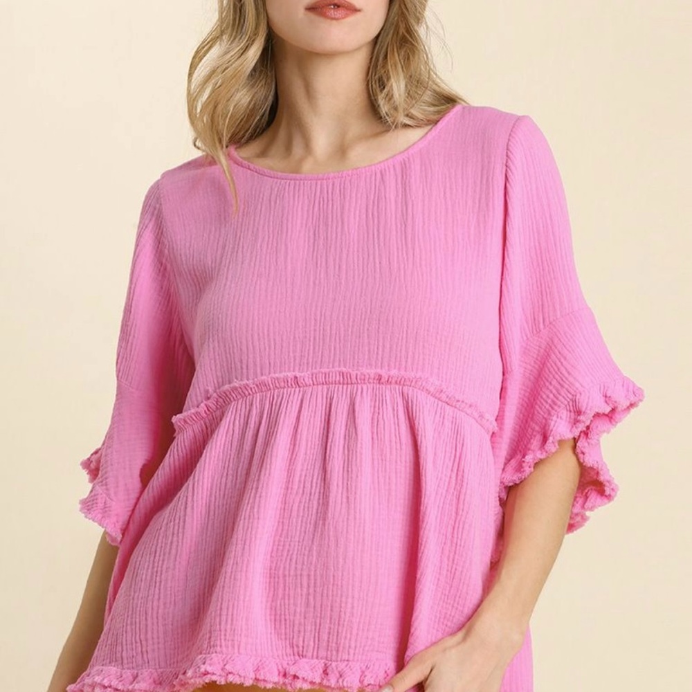 UMGEE #36 - NWT Bubble Pink Ruffle Hem Women's Top (bin S2)